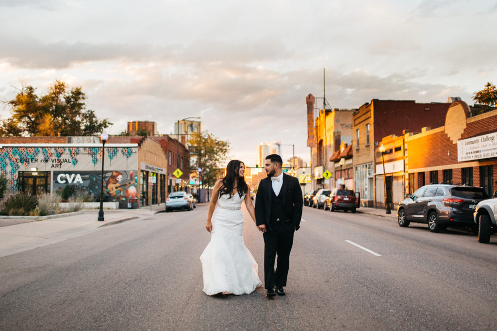 wedding photography walking down street